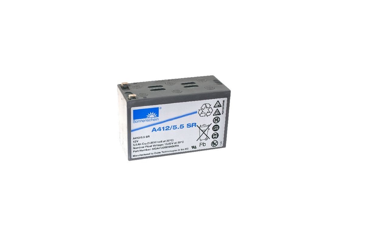 Batteria al piombo-gel Sonnenschein A412/5.5 SR, grigia e rettangolare, con etichetta frontale bianca. Etichetta: logo, modello, 12 V, 5,5 Ah. Due morsetti superiori. Simboli avvertenza e riciclaggio visibili.