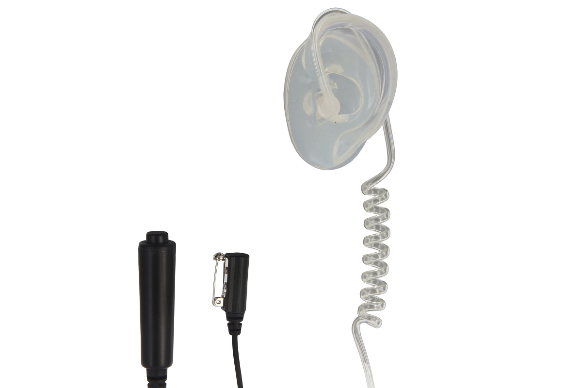 Auriculares con tubo acústico transparente para equipos de radio con auriculares moldeados, conectados mediante un tubo acústico en espiral. Abajo a la izquierda: botón PTT negro alargado y pequeño micrófono de solapa negro con clip en el cable.