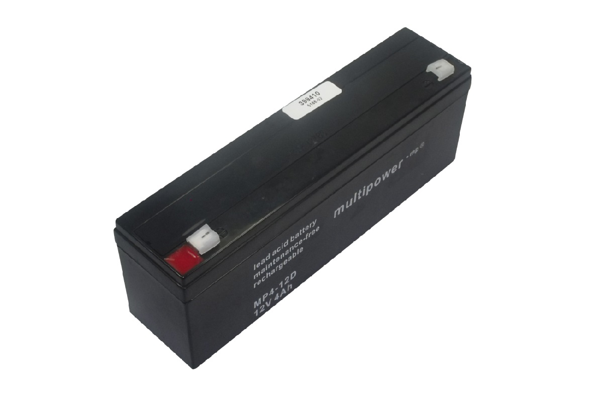 Batteria al piombo MP4-12D nera e rettangolare della Multipower, con scritte bianche ("lead acid battery", "maintenance-free", "rechargeable", "12V 4Ah"), connettori rosso e bianco, su sfondo neutro chiaro.
