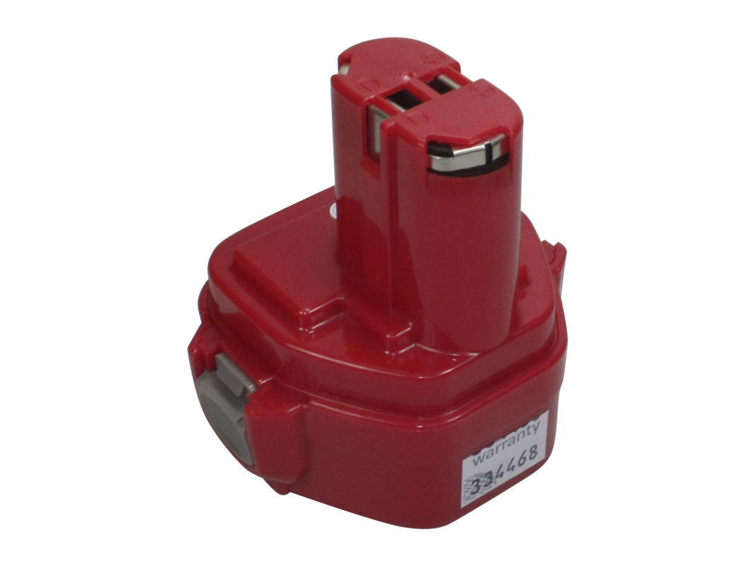 Batteria NiMH per utensili COPACKS rossa, compatibile Makita 1220/1234, leggermente inclinata sul frontale. Involucro robusto a blocco con contatto rialzato, contatti metallici e clip laterali. In basso a destra adesivo bianco warranty con n. serie.