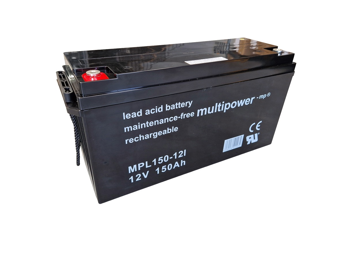 A black, maintenance-free Multipower lead-acid battery (MPL150-12I, 12V 150 Ah) is pictured against a white background. The battery terminals are visible at the top, with the positive terminal marked by a red cap. There is a carrying strap on the side.