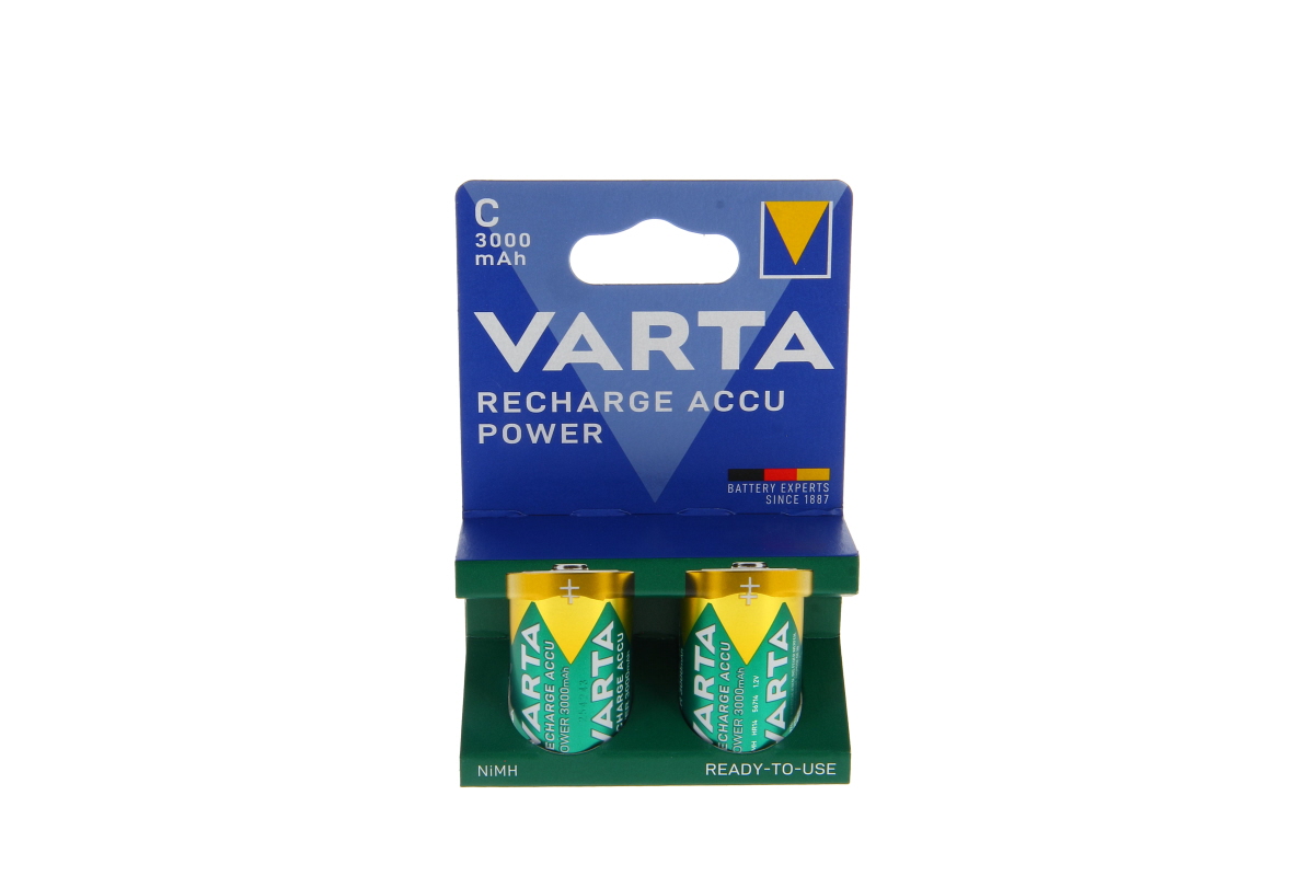 Zwei Varta Ready2Use NiMH Akkus im Baby-C-Format, im blau-grünen Blister verpackt. Die grün-gelben Akkus zeigen Varta-Logo und 3000 mAh. Sie sitzen in einer Halterung im blauen Kartondesign auf weißem Hintergrund.