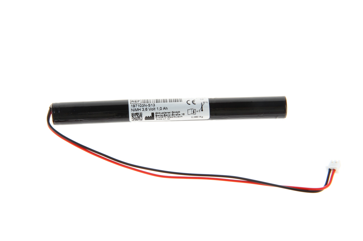 Black, cylindrical NiMH battery pack in AA format for emergency and safety lighting, clearly labelled as 3.6 volts and 1.0 Ah. Two coloured cables, red and black, lead to a white JST XHP-2 connector for easy connection.