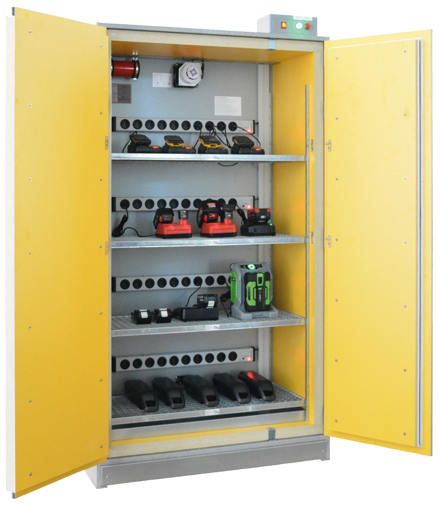 Open grey safety charging cabinet for batteries with bright yellow doors. Inside, four wire shelves with power strips. On them are various Li-ion batteries and chargers, some in use. At the top are a fan and a red fire element.