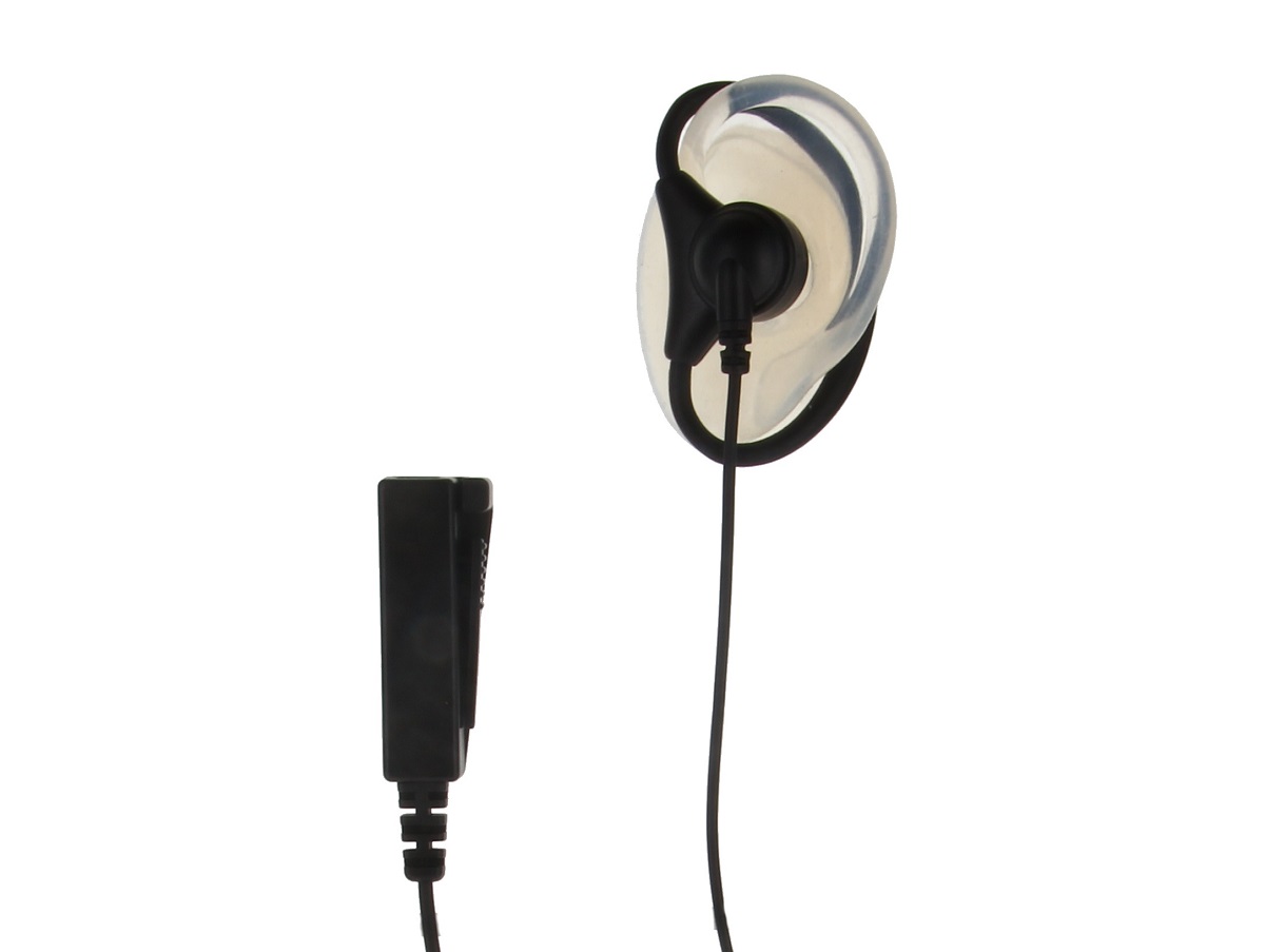 Auriculares negros con gancho transparente en forma de D y altavoces intraauriculares, conectados por cable negro con clip rectangular negro para la ropa. CoPacks Auriculares GES-PB3: sujeción segura, comunicación clara.