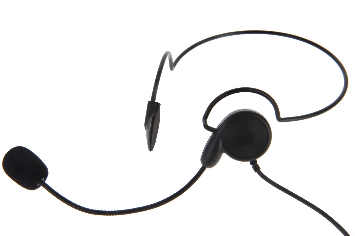 Cuffie nere con un auricolare e microfono flessibile a collo di cigno rivolto in avanti. Con archetto auricolare per una tenuta sicura e possibilità di archetto da collo, su sfondo bianco. Cuffie CoPacks GES-H02.
