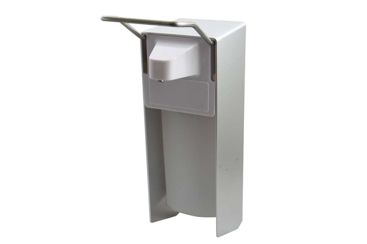 Väggmonterad Euro-dispenser i matt silverfärgad aluminium med vit pumpmekanism och robust metallspak för enkel användning. Synlig insida: vit tom flaska, lämplig för 500 ml tvål eller desinfektionsmedel.