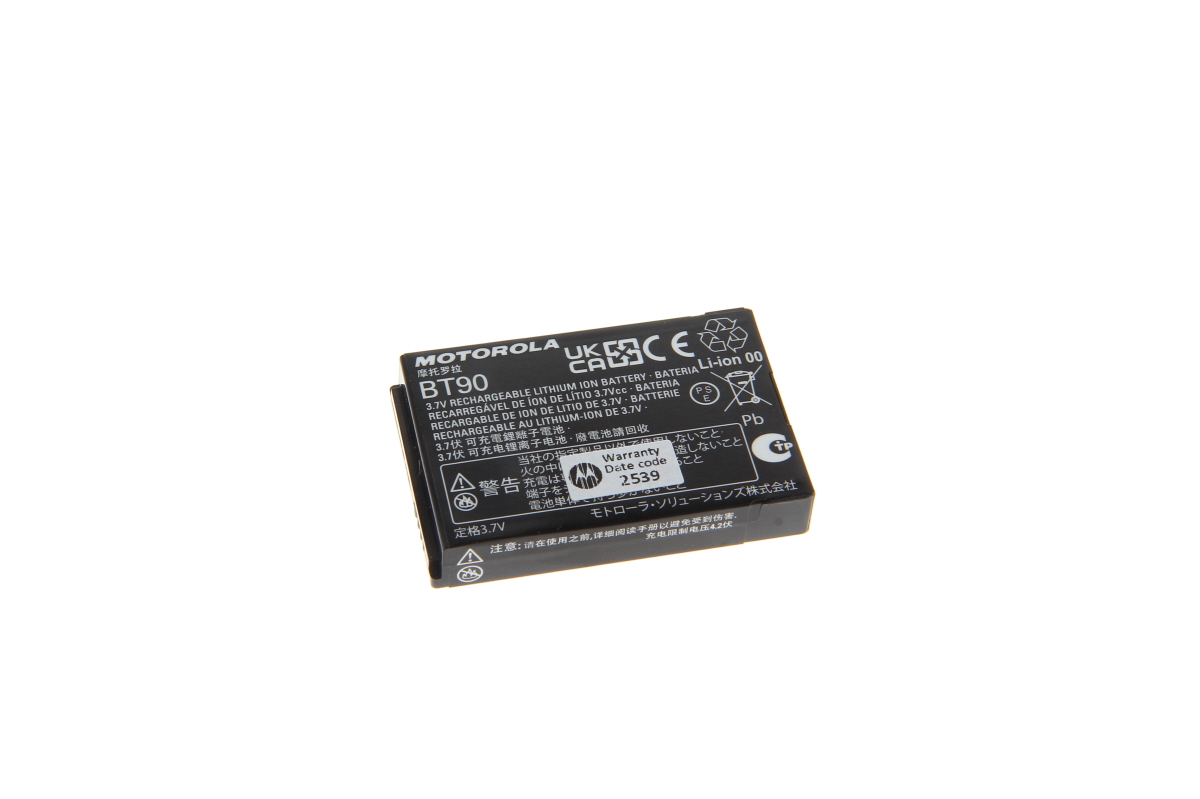 Black, rectangular ‘ Motorola ’ Li-ion battery BT90 HKNN4013ASP01 on a white background. Label featuring the ‘ Motorola ’ logo, ‘3.7V RECHARGEABLE LITHIUM ION BATTERY’ and warning and recycling symbols. Suitable for Motorola, PMR CLP446/CLP446e.