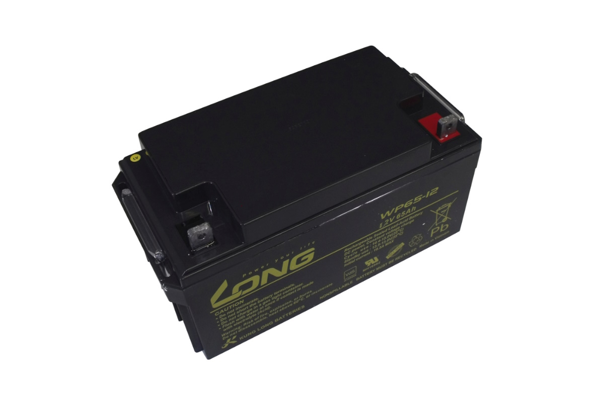 Batería de plomo negra y rectangular WP65-12 (12 V/65 Ah) marca «Long», con dos bornes roscados M6 arriba: rojo (positivo) y gris (negativo). Inscripción lateral blanca con homologación VDS, modelo y símbolos de reciclaje.