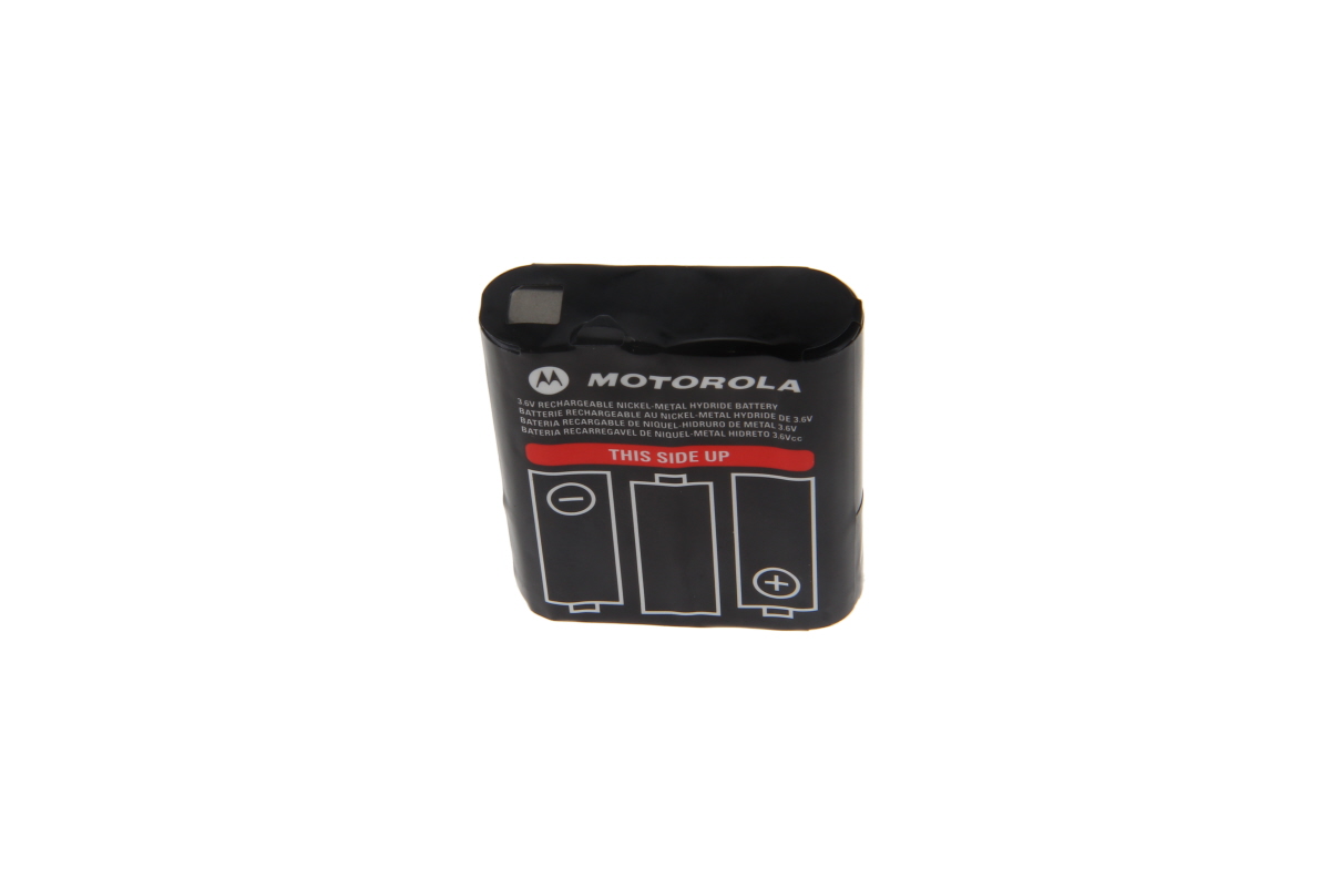Batteria NiMH nera e rettangolare per l'Motorola, con la scritta "Motorola" e "3.6V RECHARGEABLE NICKEL-METAL HYDRIDE BATTERY". La striscia rossa "THIS SIDE UP" con 3 celle (a sinistra -, a destra +) indica il senso di inserimento.
