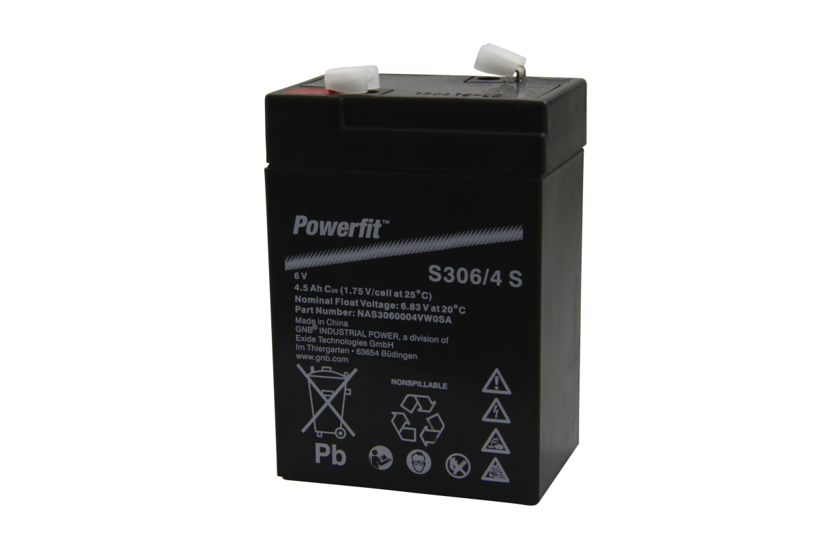 Batería Exide Powerfit plomo-fibra (AGM) S306/4S negra, dos bornes blancos arriba. Frente: «Powerfit», «S306/4 S», «6 V», «4,5 Ah», símbolos advertencia, Pb, «NONSPILLABLE». Acumulador 6 V, 4,5 Ah.