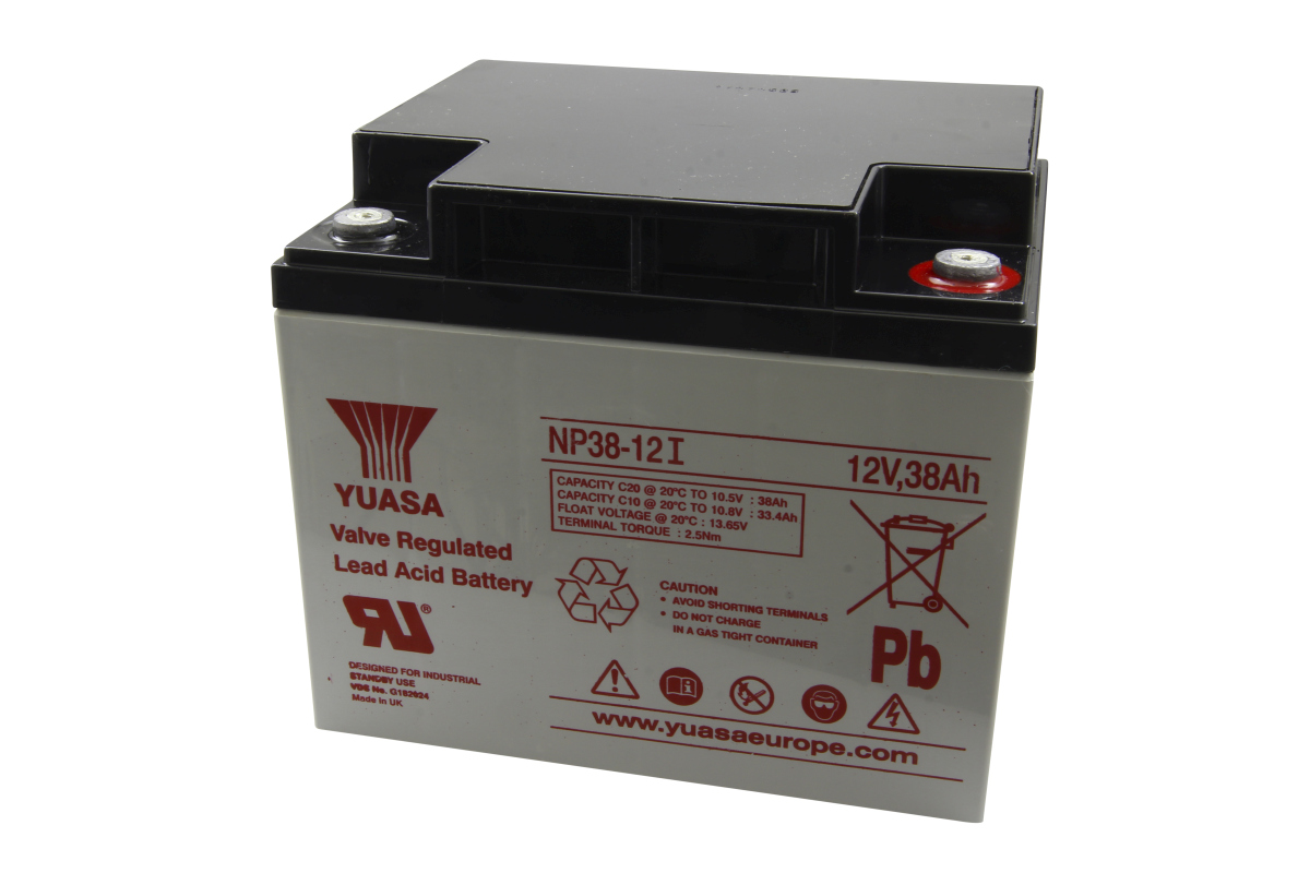 Grey, rectangular Yuasa lead-glass fibre mat battery NP38-12 I with a black lid, viewed from the front at a slight angle from above. Markings: ‘ Yuasa ’, NP38-12 I, 12V, 38Ah, technical data, recycling, rubbish bin, Pb. Two M5 bolts at the top.