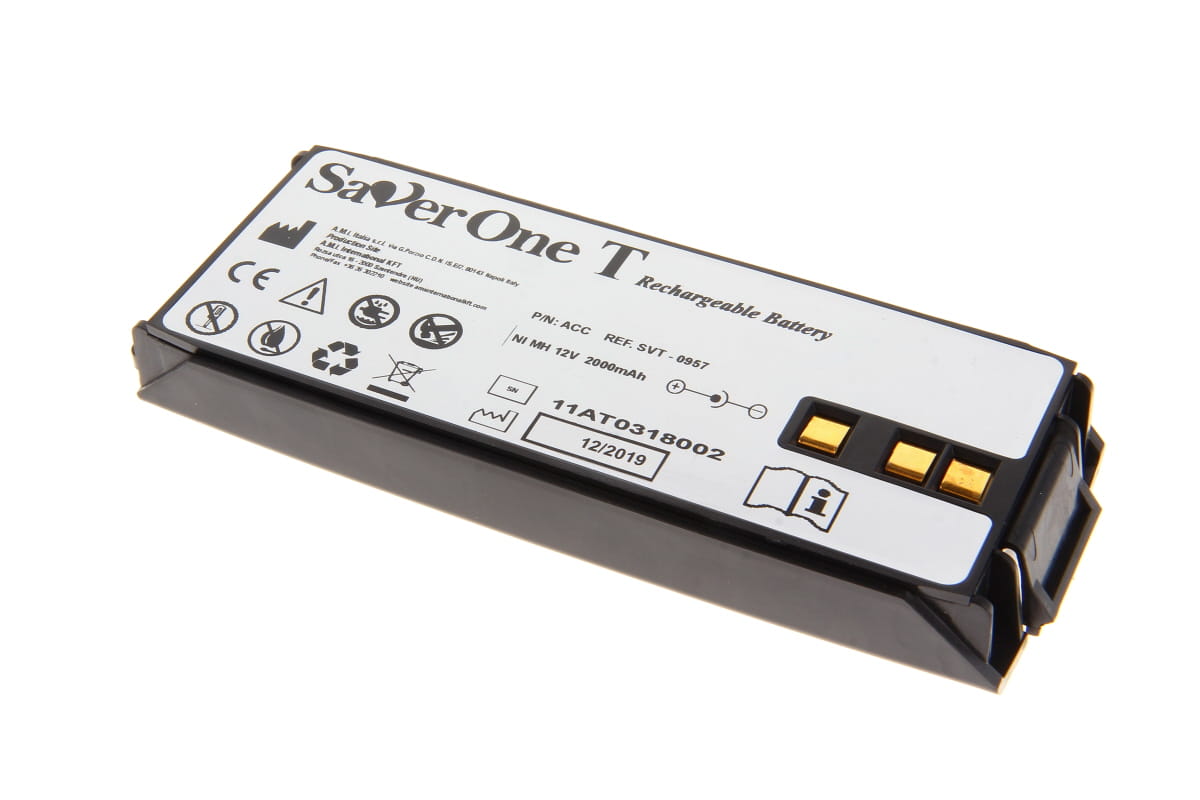 Saver One black, rectangular NiMH battery. White label: ‘Rechargeable Battery’, model SVT-0957, ‘NI MH 12V 2000mAh’. Three gold contacts at one end. Safety and disposal symbols printed on the battery.