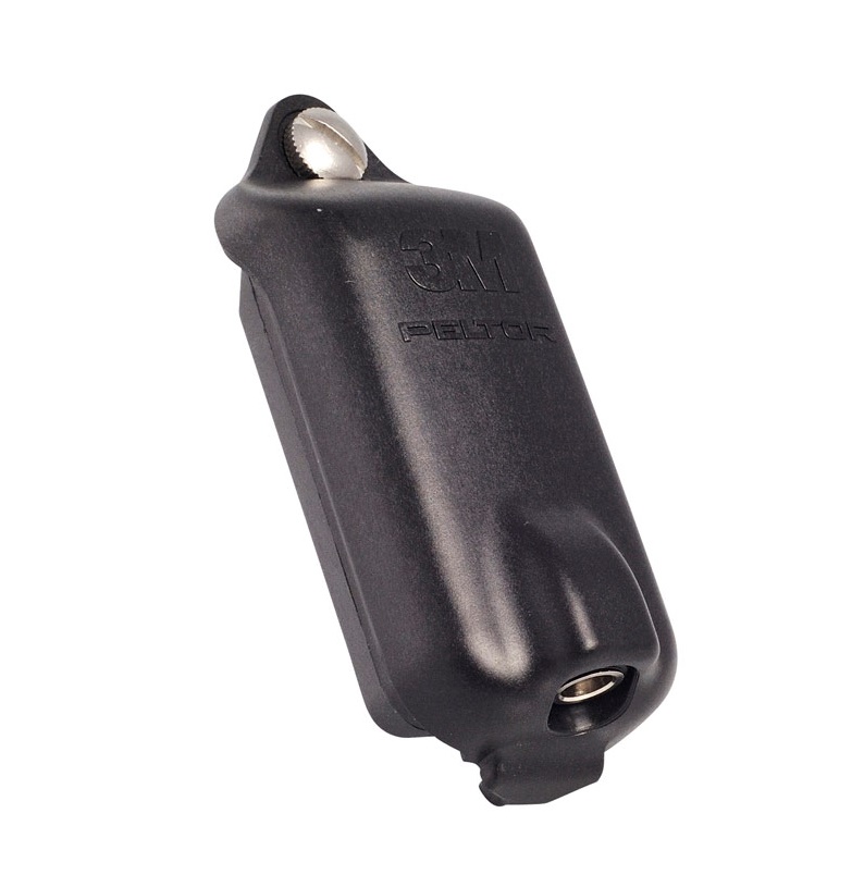 Black, rectangular original NiMH battery ACK053 for 3M Peltor headsets, with rounded edges and a silver mounting clip at the top. The ‘ 3M Peltor ’ logo is embossed on the front. Round, metal power connector at the bottom.