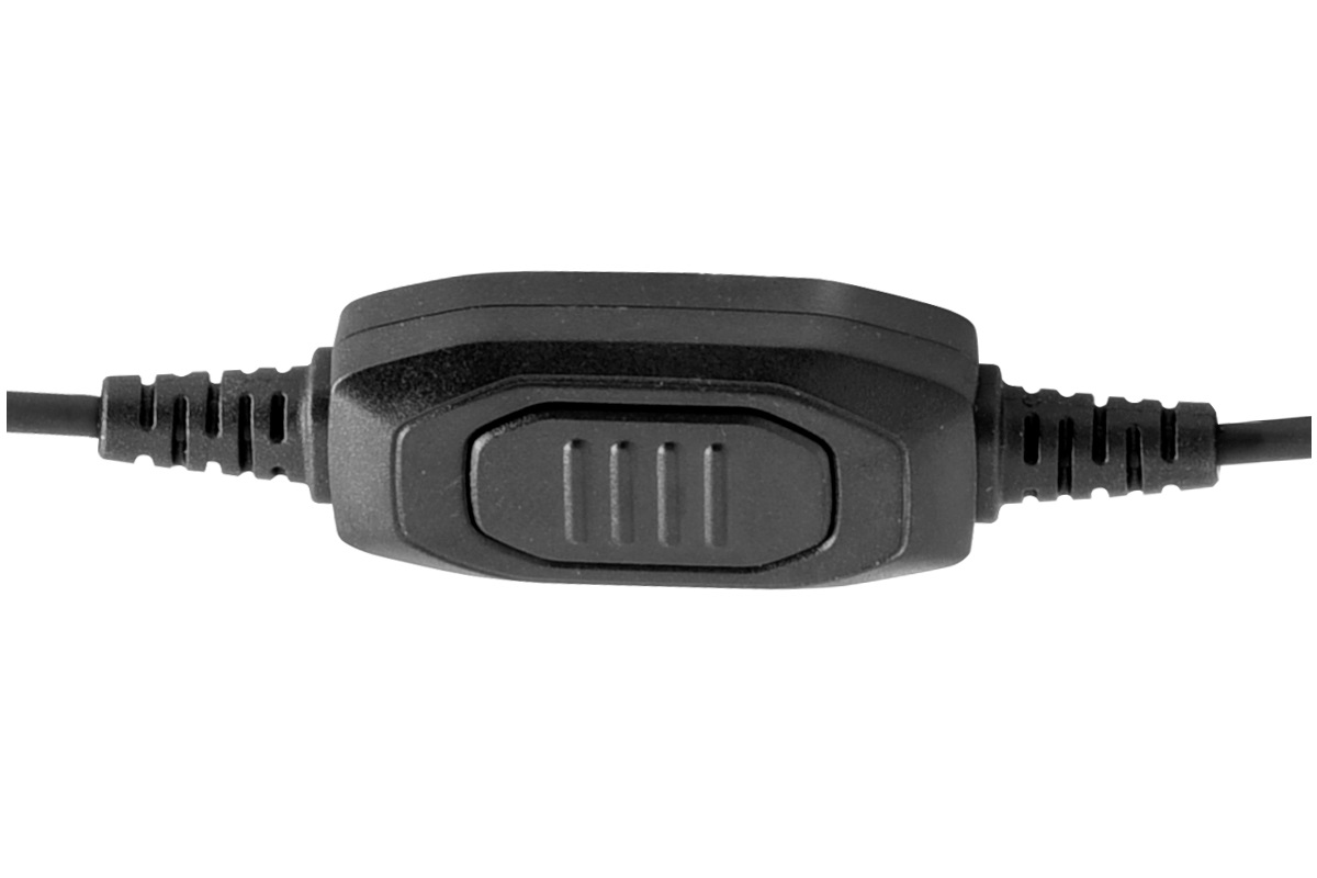 Black PTT button for headsets: an elongated, rounded plastic block with a clearly tactile button in the centre. Sturdy black cables with kink protection extend from both ends. For two-way radios such as Motorola, SL1600, SL2600 and SL4000.