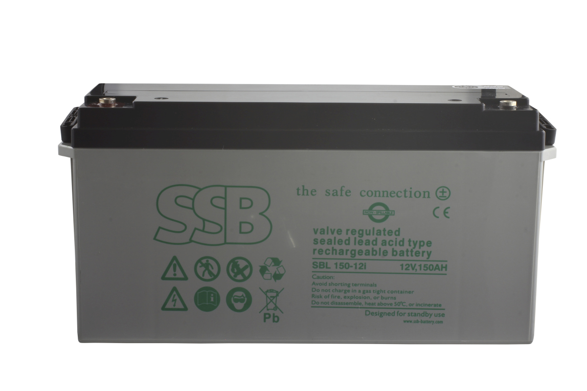 SSB lead-acid battery SBL150-12i, grey, rectangular, black cover, two screw terminals. Front: green SSB logo, model SBL 150-12i, 12V, 150Ah, ‘valve-regulated sealed lead-acid’; symbols/warning labels.