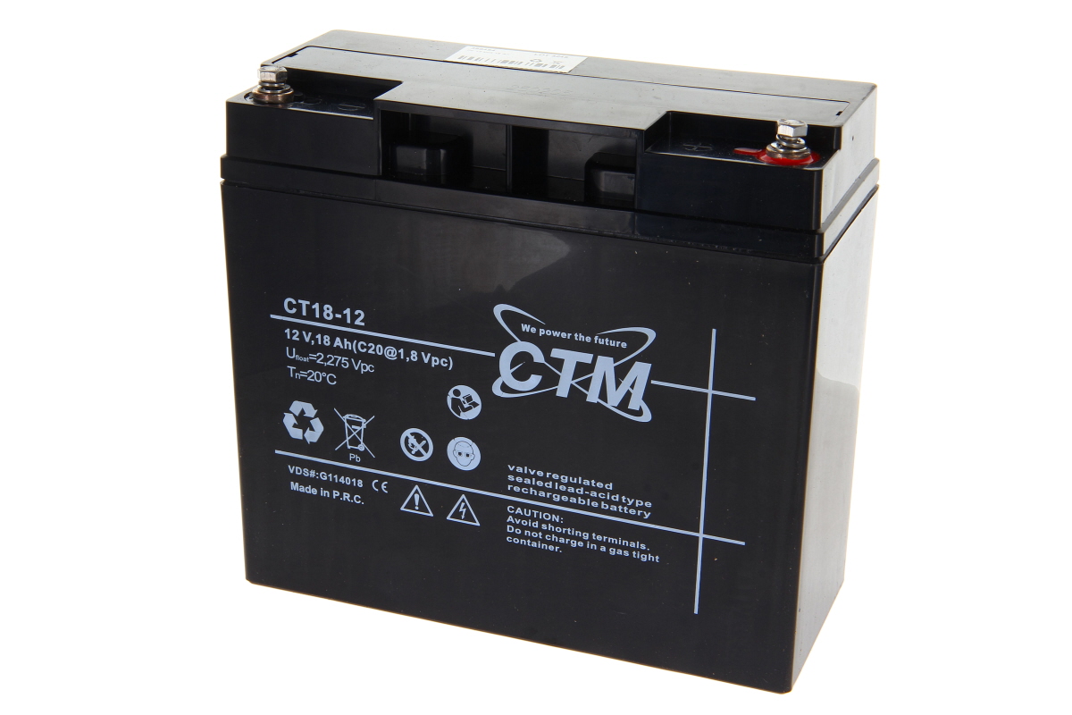 Batteria al piombo-gel CTM CT18-12 nera, rettangolare, con due terminali a vite M5 nella parte superiore, uno dei quali contrassegnato in rosso. Lato anteriore con logo CTM, modello CT18-12, dati 12 V/18 Ah e avvertenze per batterie al piombo VRLA.