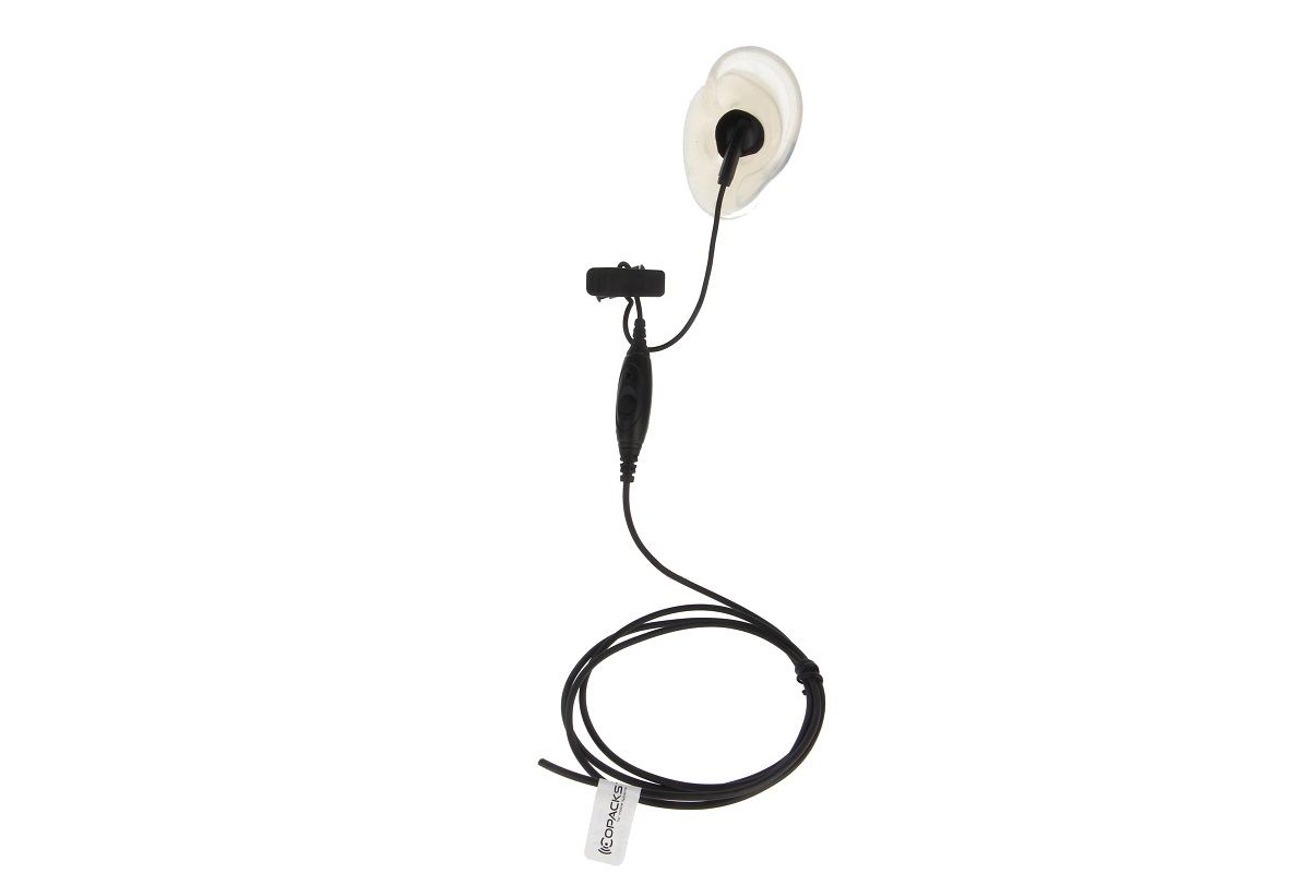 Auricolare wireless nero con auricolare trasparente e microfono in linea. Compatibile con la serie SL di Motorola (SL1600, SL2600, SL4000) con pulsante PTT e clip di fissaggio; cavo arrotolato nella parte inferiore, etichetta " CoPacks".