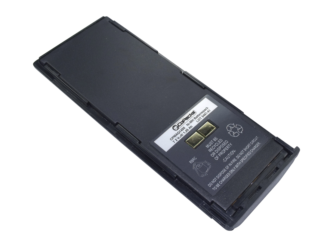 A black, rectangular CoPacks NiMH battery; on the underside, there is a white label showing specifications such as 7.2 volts and 1.5 Ah, as well as two gold-coloured electrical contacts. It is a replacement battery suitable for the Maxon SL25.