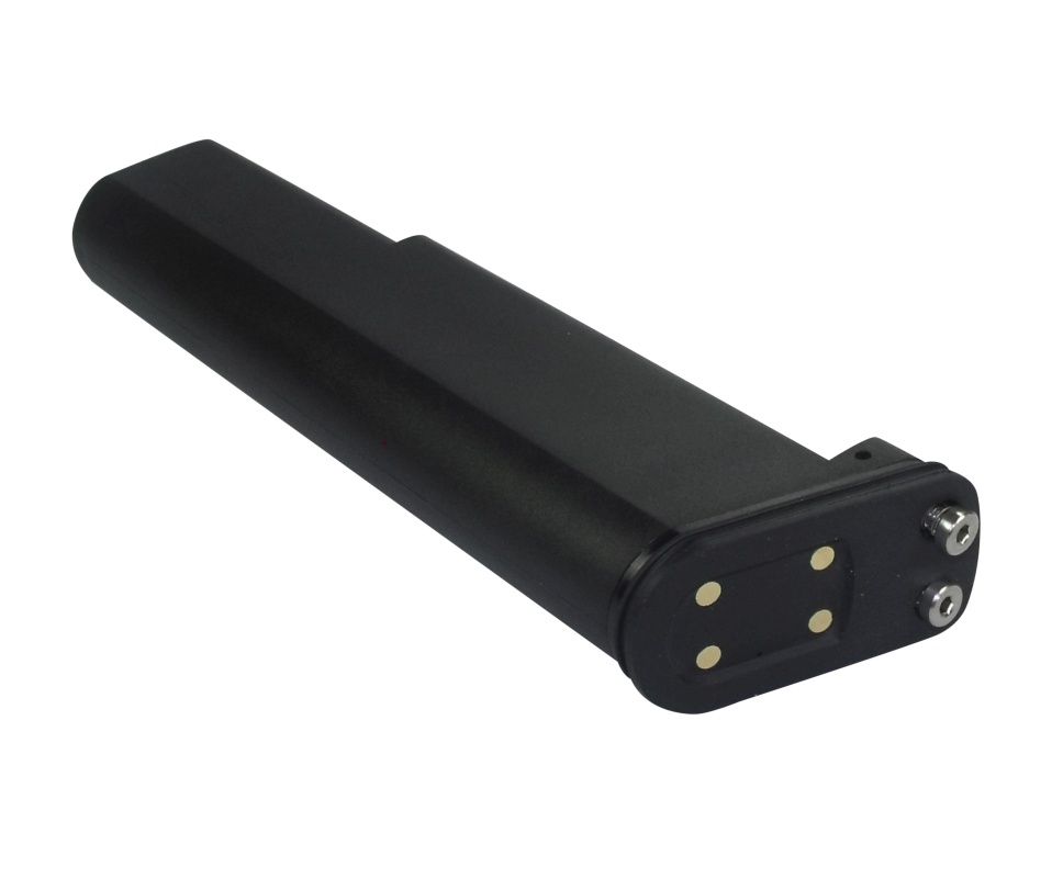 Black, rectangular OEM Li-ion battery for Dräger thermal imaging cameras. Oblong in shape, with a rounded top. Four gold contact points and two silver screws at one end, serving as connectors. Matt, non-reflective surface.