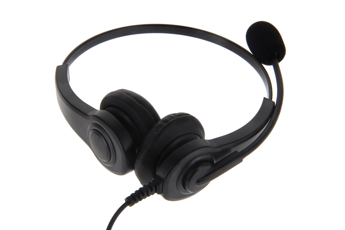 Cuffie ES-HB1 CoPacks nere, con padiglioni imbottiti e microfono a collo d'oca flessibile, su sfondo bianco in prospettiva obliqua dall'alto a destra. Si vedono auricolari e microfono; cavo in basso a sinistra.