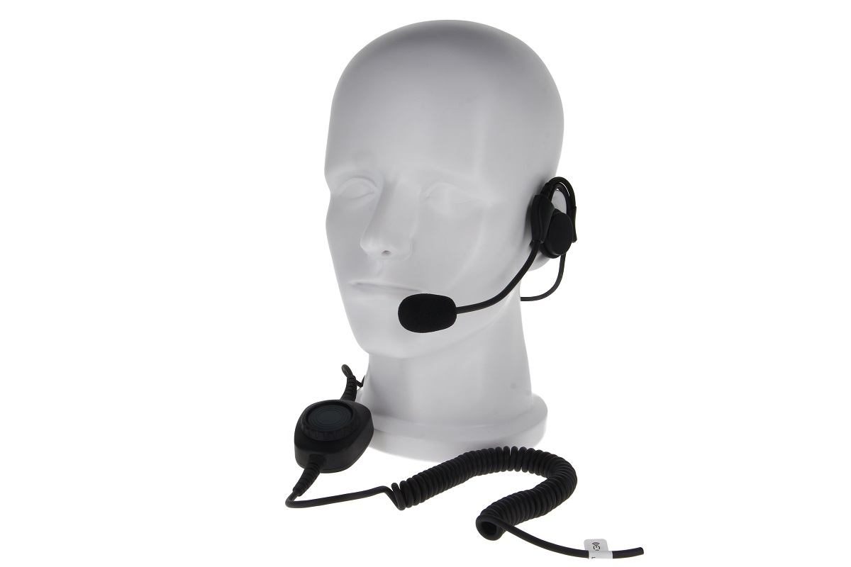 Cuffie nere GES-H03 " CoPacks " su testa di manichino bianca, con archetto auricolare, microfono a collo d'oca pieghevole davanti alla bocca e cavo a spirale collegato al pulsante PTT rotondo sotto il collo. Robuste, compatibili con Motorola DP2400.