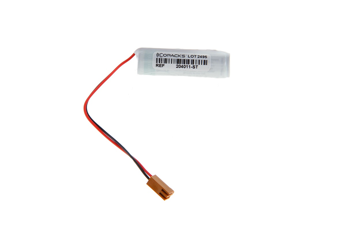 CoPacks Batteria al litio LS14500, rettangolare, con pellicola trasparente. Etichetta bianca: «COPACKS LOT 2495 REF 204011-ST» e codice a barre. Cavo rosso e nero con connettore marrone a 3 poli. Sostituto della TOSHIBA ER6V.