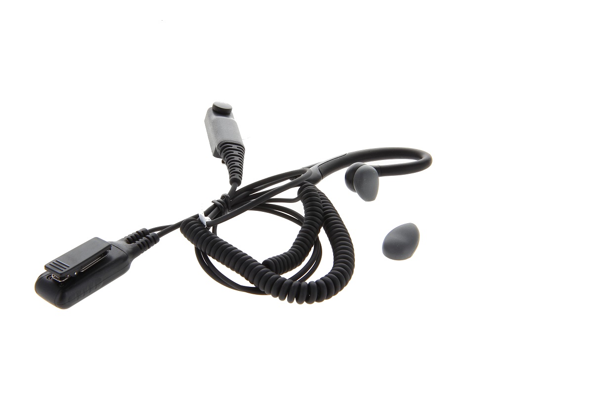Black ‘ CoPacks ’ headset with an over-the-ear earpiece and grey silicone earbuds; includes a spare earbud. Features a coiled cable, a waterproof PTT push-to-talk button and a slim connector with a belt clip.