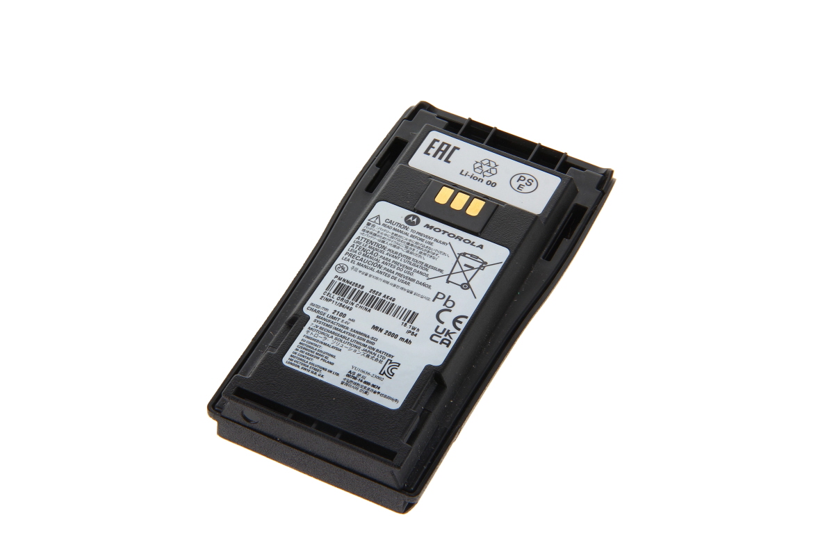 Batteria agli ioni di litio nera PMNN4253AR/PMNN4253B per Motorola, con contatti dorati su sfondo bianco. Etichetta: logo Motorola, “Li-ion 00”, 2100 mAh, certificazioni EAC, CE, UK CA. Compatibile con Motorola, CP040 e DP1400.