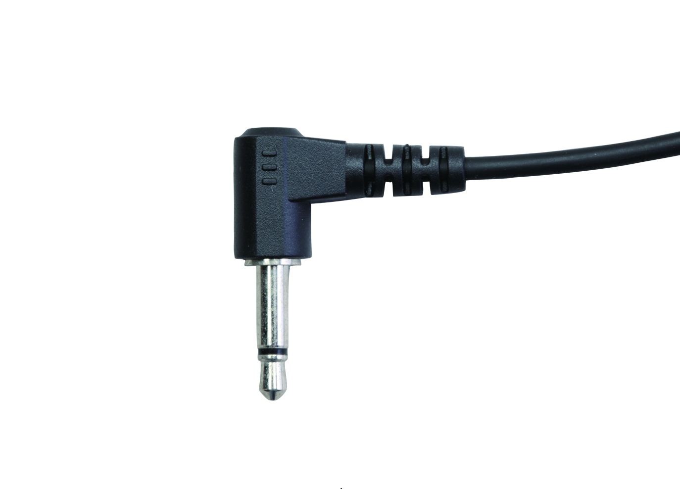 A black, angled 3.5 mm jack plug with a silver plug and black housing, attached to a matching black cable. This jack plug is used to connect an CoPacks earphone to a control unit.