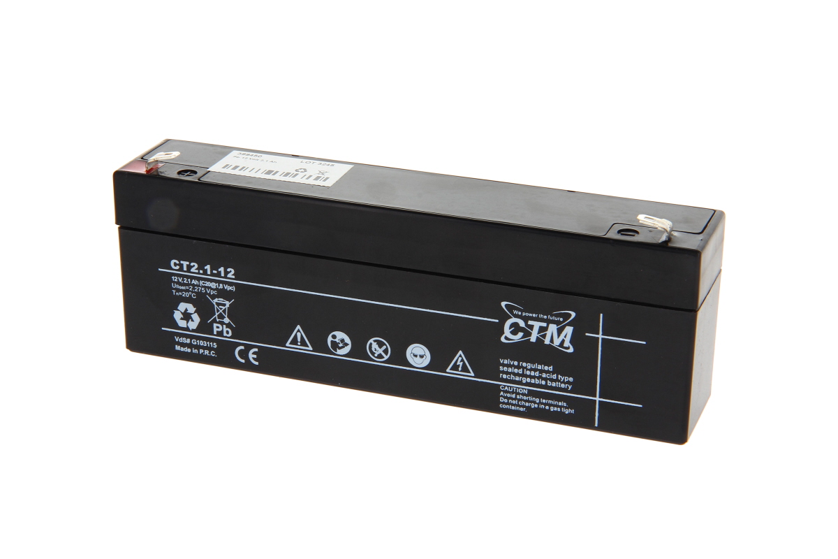 Batteria piombo-gel CTM CT2.1-12 nera, rettangolare. Lato anteriore: scritte bianche (modello, 12 V 2,1 Ah), logo CTM, simboli ambientali/avvertenza, batteria al piombo regolata da valvola. Parte sup.: 2 connettori Faston 4,8 mm.