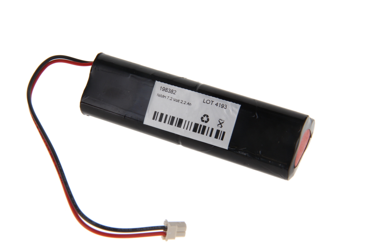 Black, cylindrical NiMH battery pack with a white label reading ‘NiMH 7.2 Volt 2.2 Ah’. Two cables (red/black) lead to a small white connector. Suitable for a Kern counting scale.