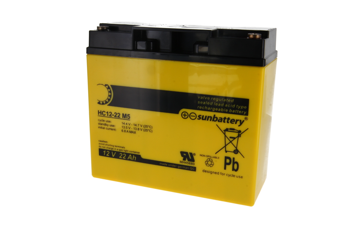Batteria al piombo-gel (AGM) SUN gialla HC12-22 M5 con parte superiore nera e poli di collegamento. Scritte "12 V 22 Ah" e "sunbattery" visibili. Batteria al piombo-acido resistente ai cicli, regolata da valvola, per uso ciclico (Pb).