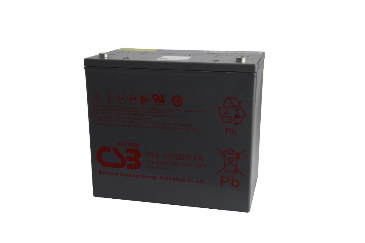 Batteria piombo-gel CSB HRL12200W-FR grigio scuro, parallelepipeda, scritte rosse. Visibili: logo CSB, modello, "12V 200W/Cell/15Min", avvertenze, simboli riciclaggio (Pb). Sopra 2 connettori M6.
