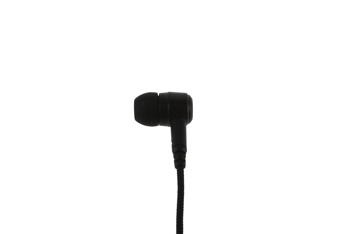 Un singolo auricolare nero con morbido cappuccio in silicone su sfondo bianco. Un cavo sottile intrecciato scende verticalmente dalla parte inferiore. Parte di un set di cuffie CoPacks per la serie SL Motorola.