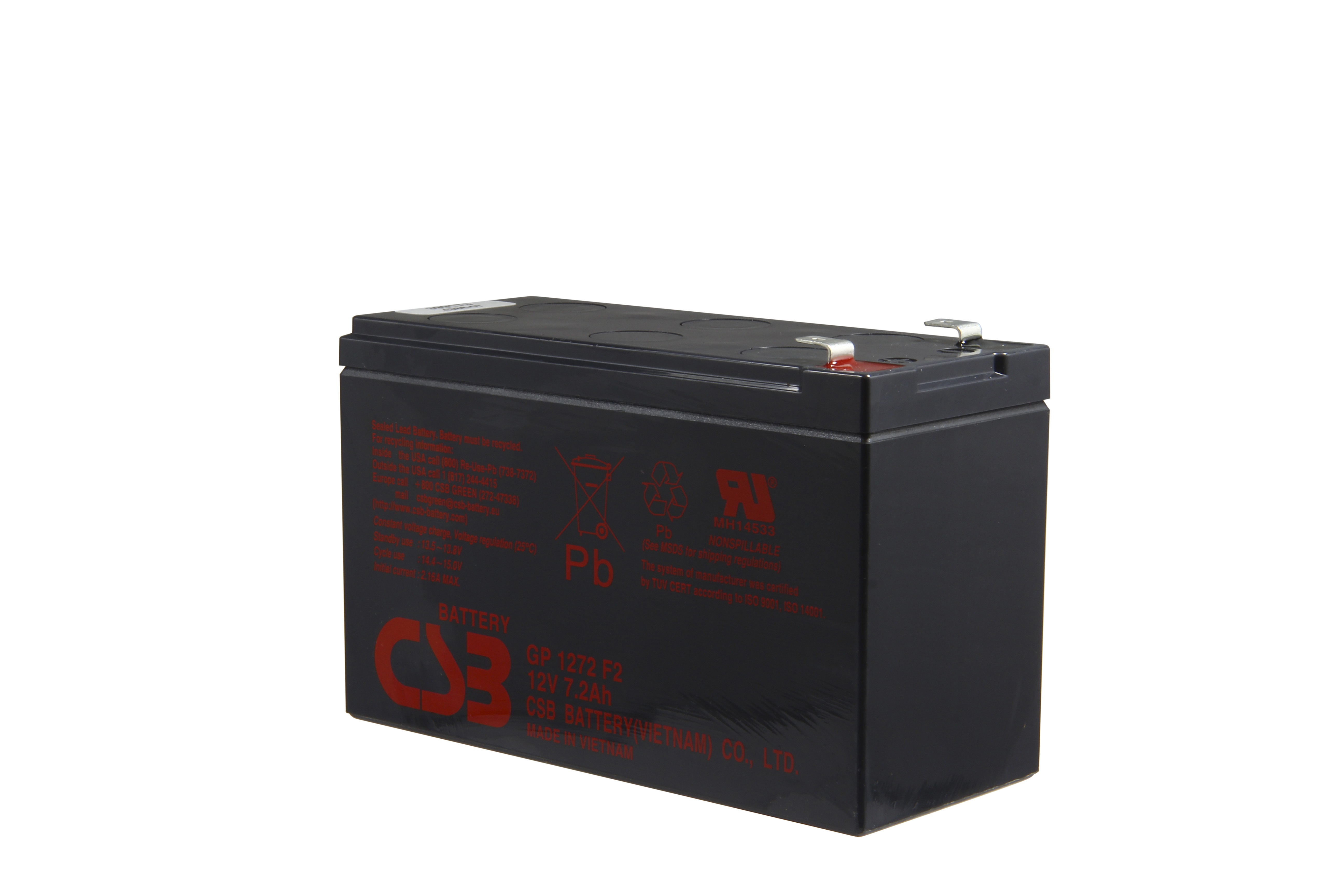Svart rektangulärt ersättningsbatteri (förseglat blybatteri) med platta poler upptill. Framsidan märkt med rött "CSB GP 1272 F2 12V 7,2Ah" och symboler för återvinning/bly. Lämpligt för APC RBC2 UPS-system.