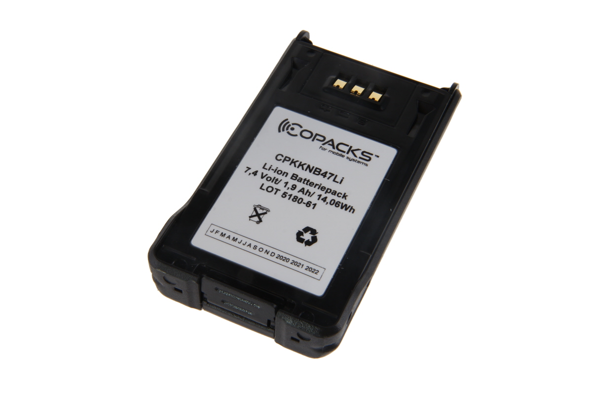 Schwarzer, rechteckiger CoPacks Li-Ion Batteriepack mit goldfarbenen Kontakten, für Kenwood NX200/NX300. Weiße Frontbeschriftung: CPKKNB47Li, 7,4 V, 1,9 Ah, 14,06 Wh, Recycling/Entsorgungssymbole.