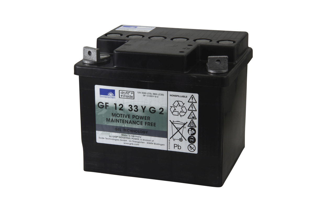 Batteria al piombo-gel Sonnenschein GF12033YG2 nera, rettangolare, Exide con GEL TECHNOLOGY. Esente da manutenzione, terminali a vite superiori. Etichetta: 12V 33Ah (C5), 38Ah (C20), riciclaggio/smaltimento. Resistente ai cicli.