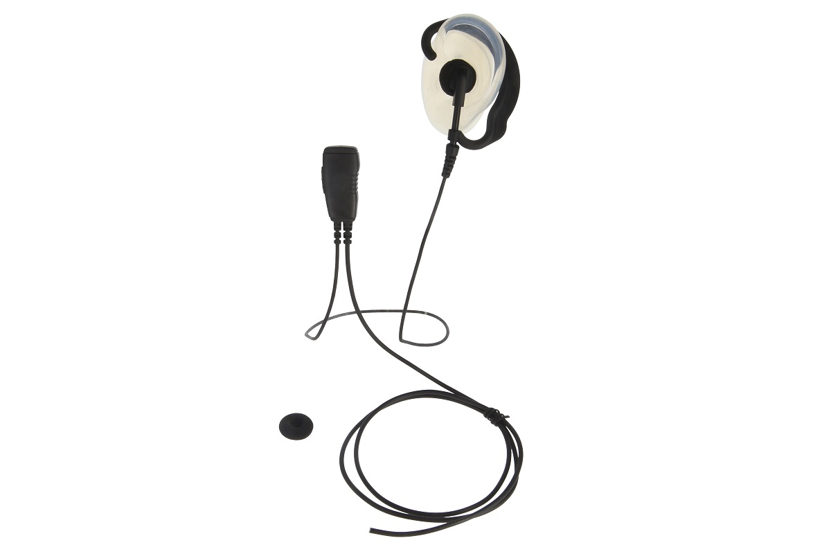 Cuffie GES-PA2 nere " CoPacks " con auricolari trasparenti e archetto flessibile. Microfono PTT nero separato collegato tramite cavo, parzialmente avvolto. Piccoli tappi auricolari in gomma inclusi. Per Kenwood ProTalk LT PKT-23E.