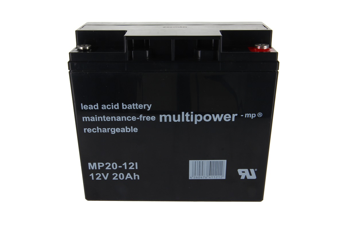 Batteria al piombo nera Multipower MP20-12I, vista frontale. Rettangolare con scritte bianche: "lead acid battery", "maintenance-free", "rechargeable", "12V 20Ah". In alto i poli, positivo rosso.