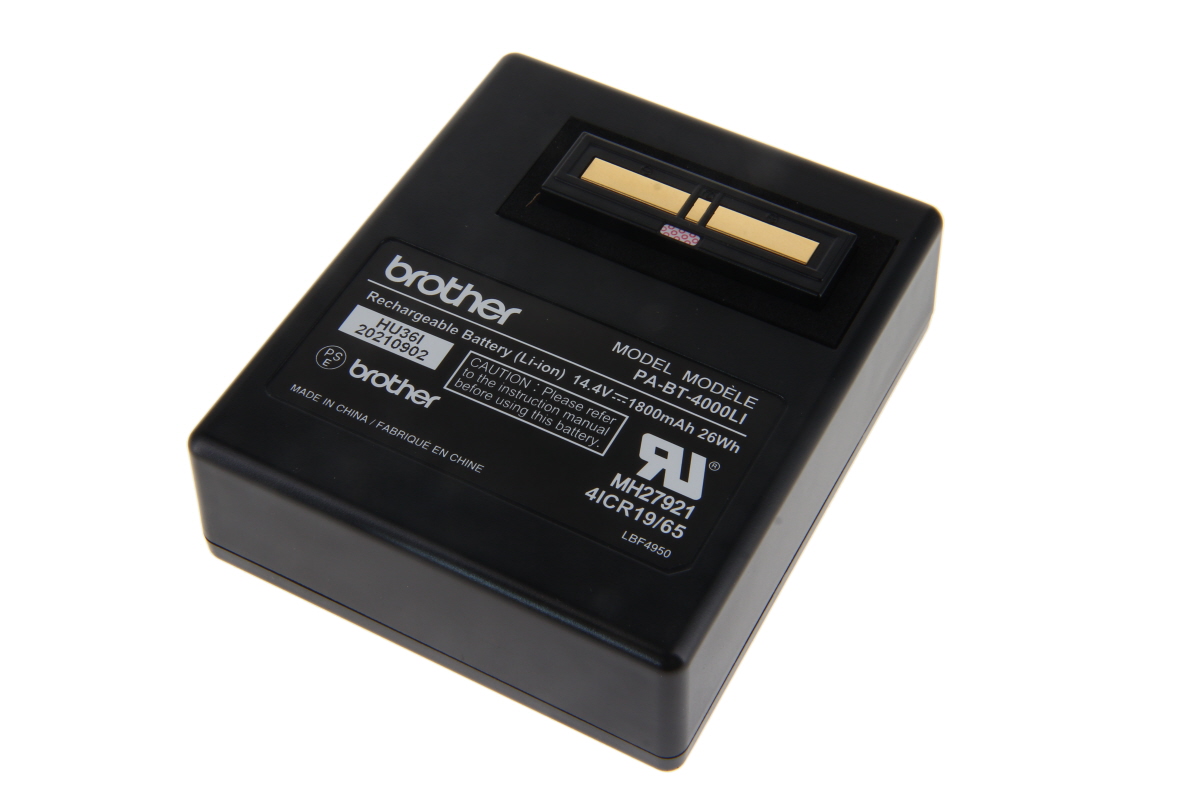 Black, rectangular Li-Ion battery with the ‘ Brother ’ logo, model PA-BT-4000LI. Labelled: 14.4V, 1800mAh (26Wh). Gold-coloured contacts on top. Suitable replacement part for Brother printers and labellers.