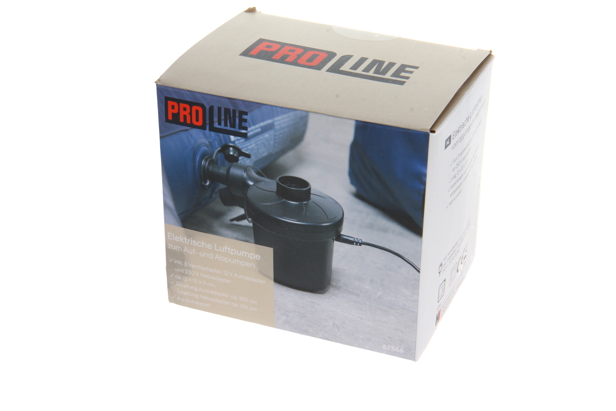Confezione beige della pompa elettrica PROLINE. L'immagine grande mostra la pompa nera e compatta con il cavo di alimentazione mentre gonfia un oggetto gonfiabile blu. Vengono menzionate la funzione di gonfiaggio e sgonfiaggio e l'adattatore per auto.