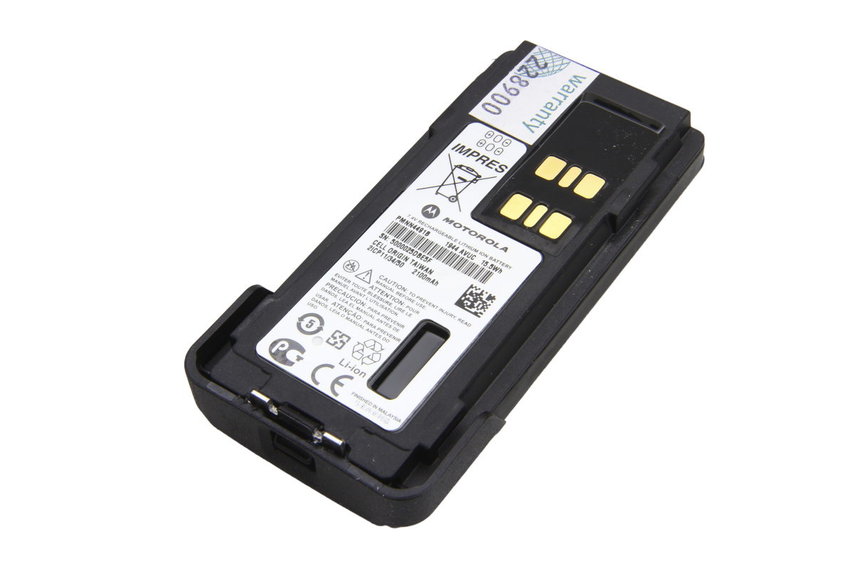 A black, slim Motorola IMPRES Li-ion battery (PMNN4491C) on a white background. Label showing 7.4V, 2100mAh, 15.5Wh and safety warnings. Gold contacts at one end; the warranty sticker is partially visible at the top.