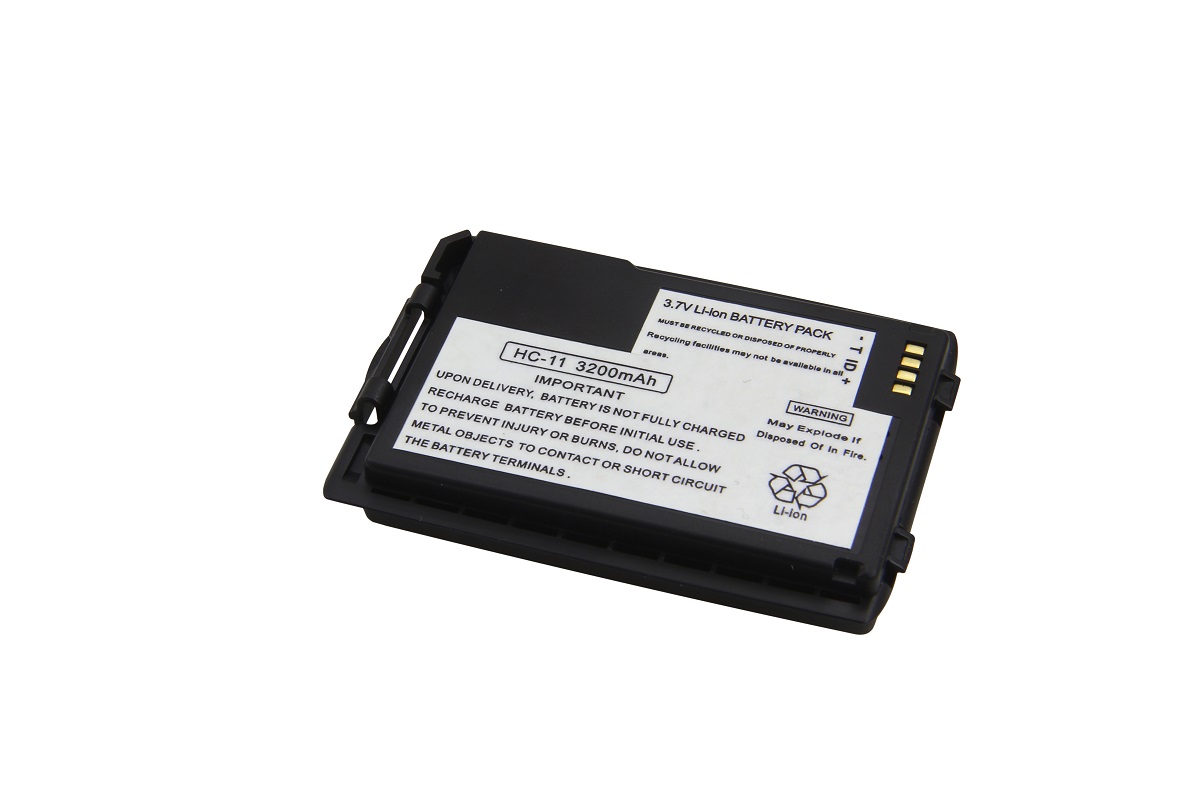 Batteria agli ioni di litio nera con quattro contatti dorati sul lato corto. Etichetta: «3.7V Li-Ion BATTERY PACK», «HC-11 3200mAh», oltre a indicazioni sul riciclaggio e sulla manipolazione. Di forma rettangolare, con supporti laterali.