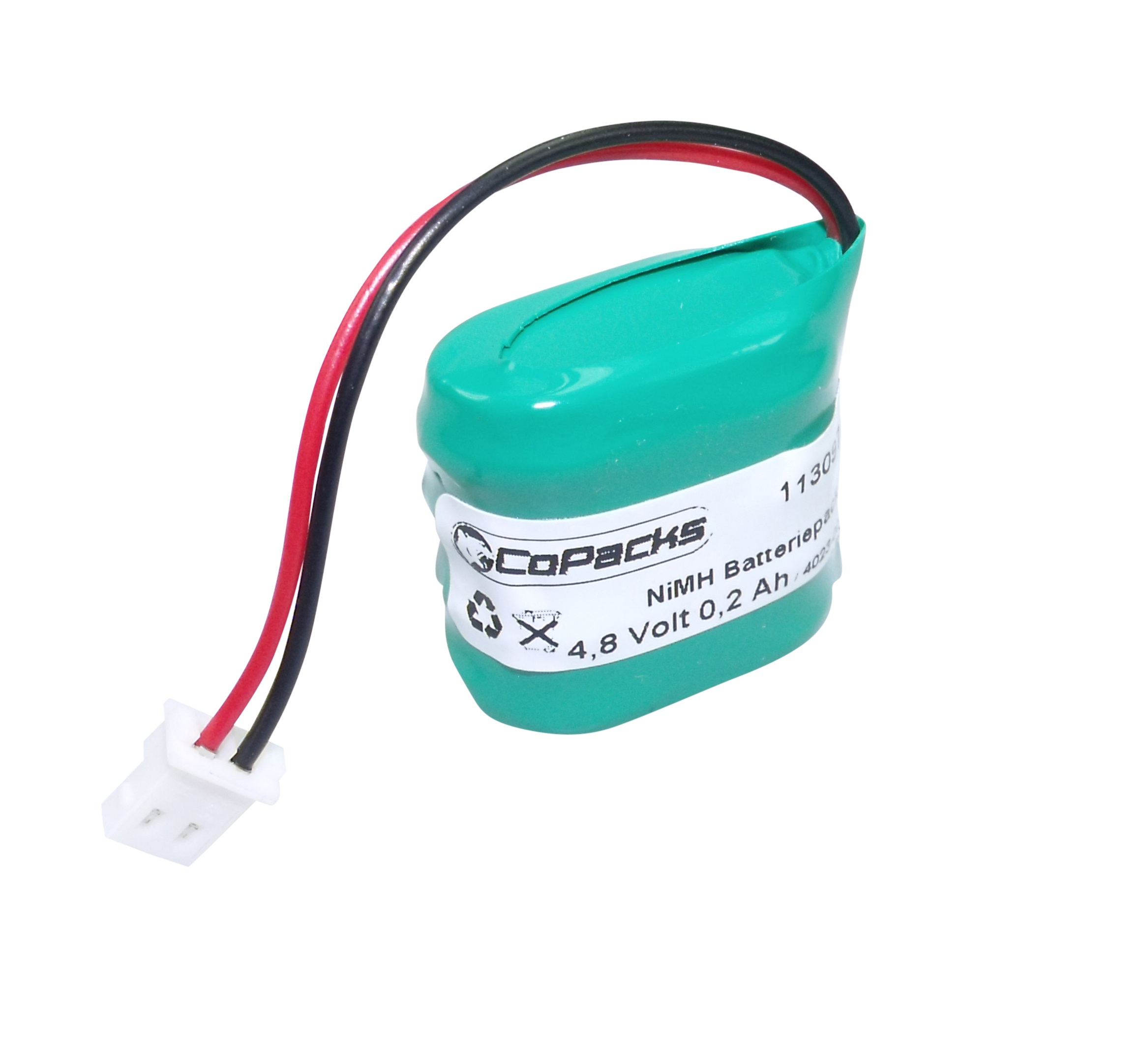 Batería recargable NiMH CoPacks verde con etiqueta blanca: logotipo y «NiMH Batteriepack 4,8 Volt 0,2 Ah». Dos cables (rojo/negro) con conector blanco de 2 pines. Compatible con escáner PSC/Percon Quick Check 150/200, tipo 31203342-01.
