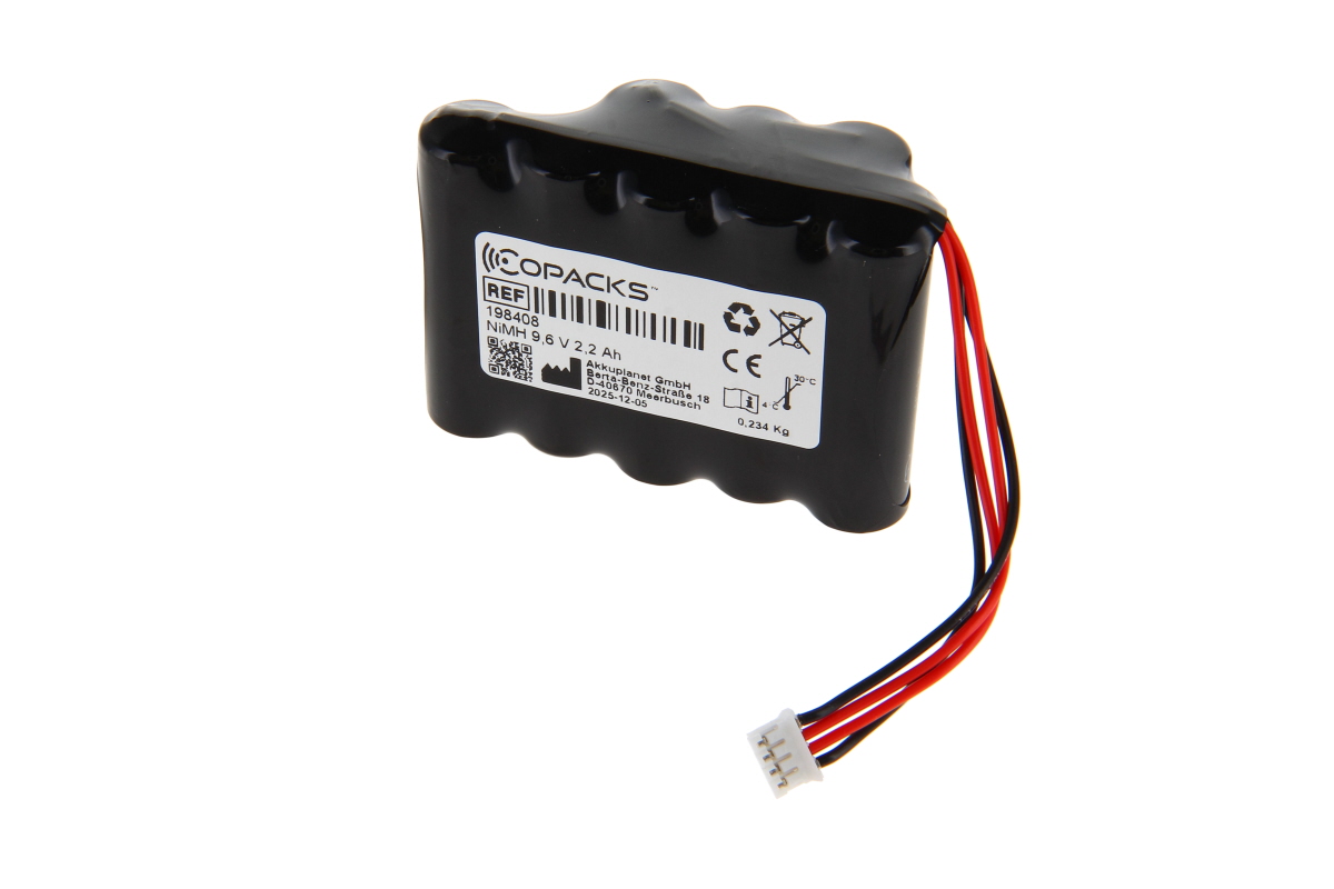 Batería NiMH negra estriada de CoPacks con etiqueta blanca (logotipo, «NiMH 9,6 V 2,2 Ah», n.º de referencia). Cables rojo/negro con conector rectangular blanco. Compatible con Beyerdynamic MCW-D 521.