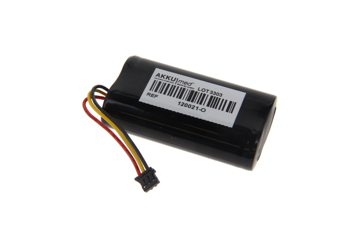 Batteria agli ioni di litio nera con bordi arrotondati ed etichetta bianca: marca AKKUmed, codice a barre e n. di riferimento 120021-O. Tre cavi (rosso, giallo, nero) con connettore piccolo. Batteria originale per Braun Perfusor Plus/Infusomat Compact.