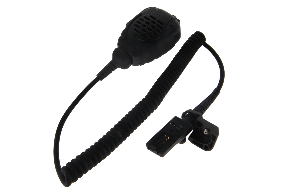 Microfono con altoparlante nero e robusto, con griglia frontale allungata e scanalata. Con cavo a spirale lungo, connettore largo con contatti dorati a vista e clip girevole laterale, compatibile con radio Motorola serie MX.