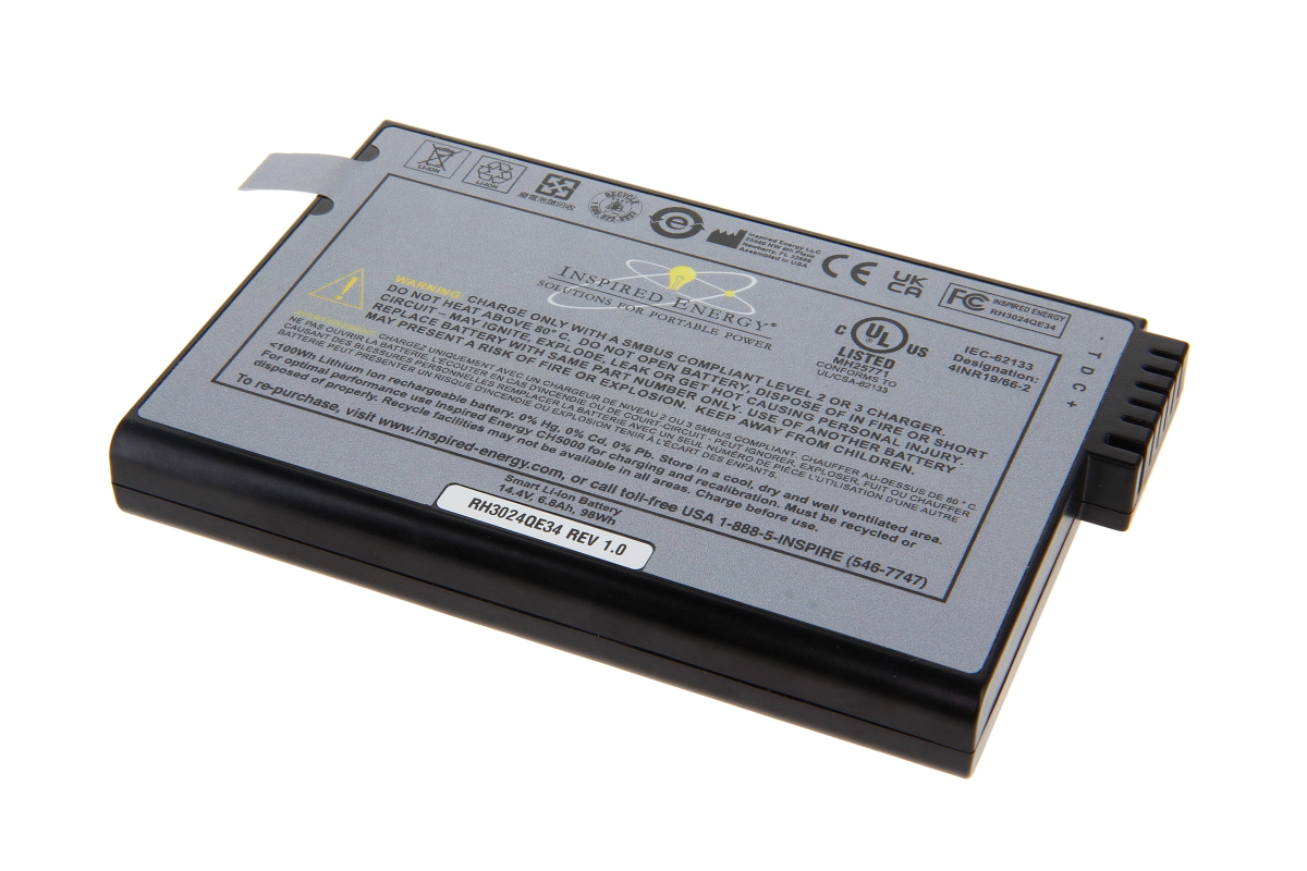 Batería de iones de litio negra y rectangular con la parte superior gris. Incluye advertencias, especificaciones (14,4 V, 6,8 Ah, 98 Wh) y certificaciones como CE y UL. Conector múltiple en el lado corto. Compatible con los ecógrafos Esaote MyLab.