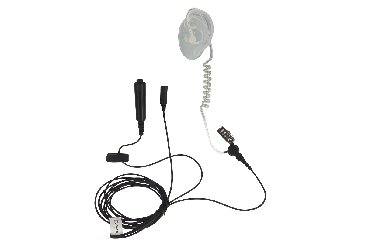 Auriculares negros de 3 cables para equipos de radio como el EADS/Siemens Tetrapol TPH700, con tubo acústico transparente y rizado y auriculares transparentes y preformados. Con PTT independiente, unidad transductora y micrófono de solapa.